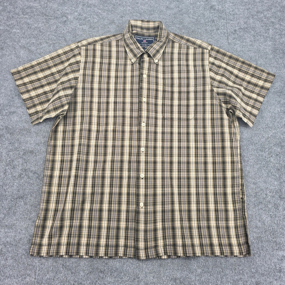 Ralph Lauren Sport Mens Large Brown Olive Plaid Short Sleeve Button Down Shirt